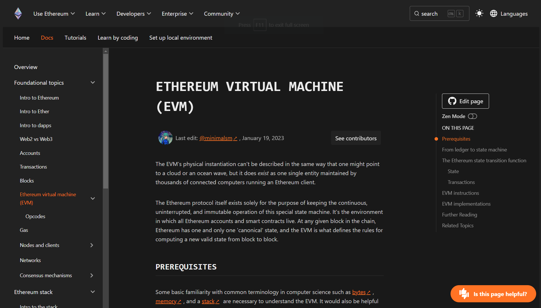 Ethereum Virtual Machine (EVM) home page of documentation